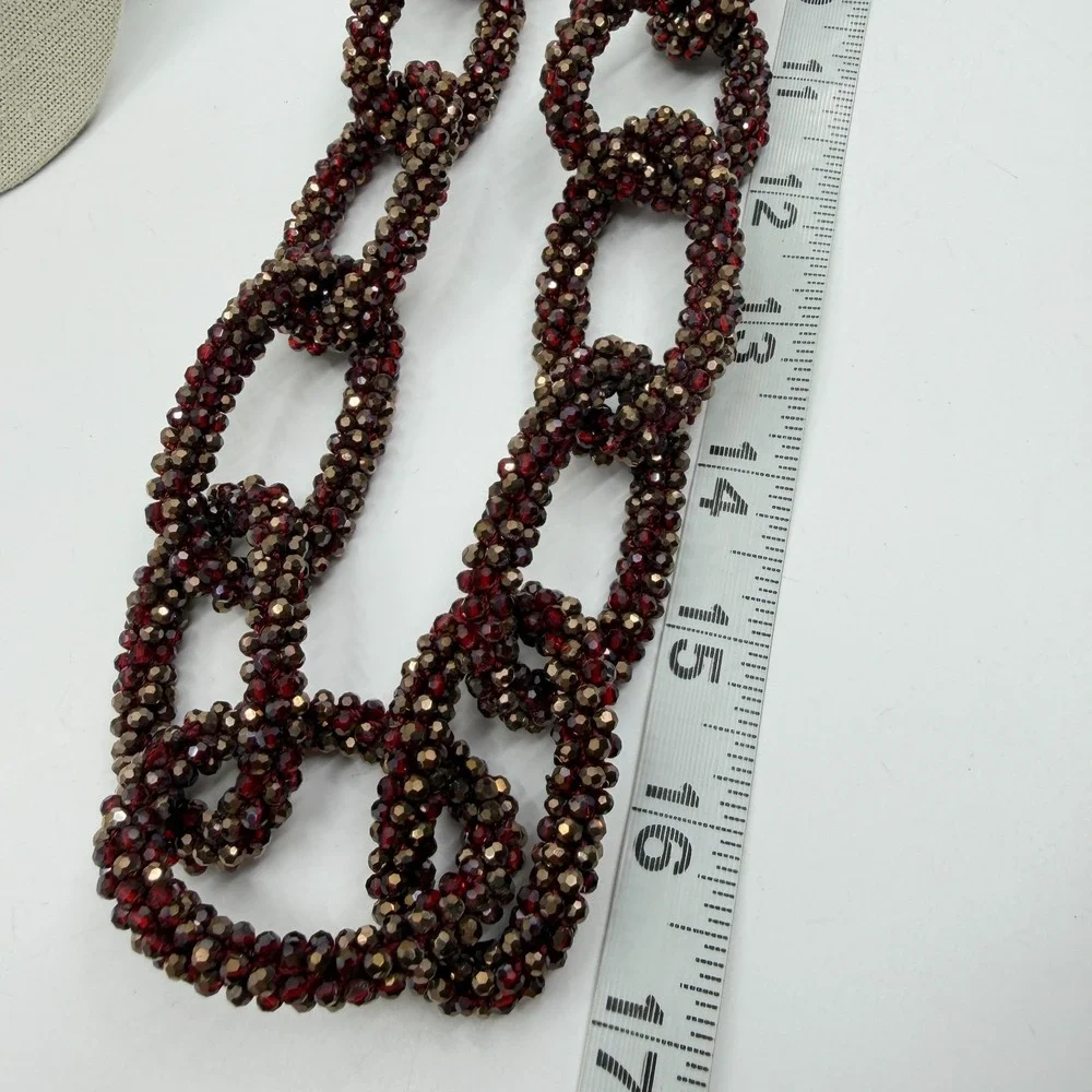 Red Bronze Tone Faceted Bead Woven Chain Link Long Necklace Statement Jewelry